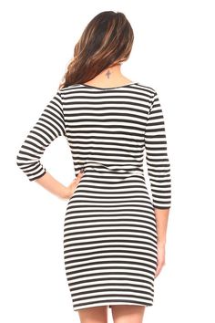 This stylish striped midi length dress is the perfect day-to-night piece, whether you dress it up or down. Featuring a stripe pattern, overlapping wrapped waist and a bodycon design to hug your curves. 3/4 sleeves on a boatneck Mini length hem shows off your legs Conforms to your figure 100% Polyester Hand Wash Cold, Tumble Dry Flat Measurements: Small (2-4): Bust- 32", Wiast- 28", Hips- 34", Length- 35" Medium (6-8): Bust- 34", Waist- 30", Hips- 36", Length- 35.5" Large (10-12): Bust- 36", Wais Striped Bodycon Dress, Bodycon Dress With Sleeves, Black Bodycon Dress, Midi Length Dress, Knitting Materials, Stripe Print, Boat Neck, Short Dress, Stripes Pattern