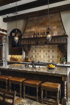 a large kitchen with an island and two stools in front of the counter top