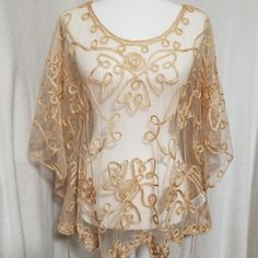 Caramel Sheer Embroidered Silk-Blend Cape-Sleeve Cardigan. Delightfully Sheer And Loaded With Feminine Detail. This Cape-Sleeve Cardigan Elevates Your Basic Outfit To The Next Level Of Fashion. One Size. 45% Silk/ 35% Polyester/ 20% Cotton. Hand Wash. Angelic Clothing, Gold Thread Embroidery, Layered Lace Top, Bohemian Tunics, Layered Tunic, Embroidered Tunic Top, Floral Tunic Tops, Lace Layers, Pretty Angel