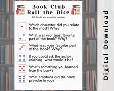 the book club roll the dice game is in front of a bookshelf full of books