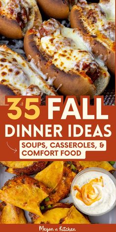 the cover of 35 fall dinner ideas soups, casseroles, and comfort food