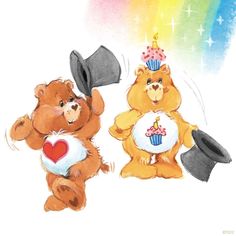 two teddy bears with hats and cupcakes on their heads, one holding a heart