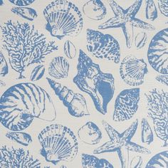 a blue and white background with shells on it