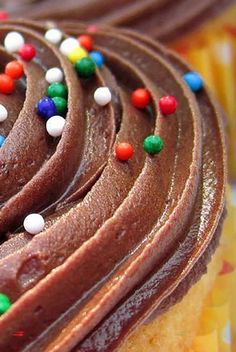 a chocolate frosted cupcake with sprinkles on it's top