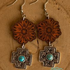 Texas Tooled Earrings are a 2" Dangle Tooled Flower and a Silver Cross with Turquoise Stone. The Earrings are super lightweight with a fish hook back. Turquoise Dangle Flower Earrings With Ear Wire, Turquoise Dangle Flower Earrings, Brown Dangle Flower Earrings, Tooled Earrings, Turquoise Flower Earrings, Outdoor Wedding Decorations, Free Earrings, Silver Cross, Fish Hook