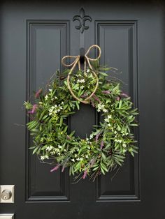 Olive Wreath with Lavender and White Flowers Modern Wreaths, Petite Flowers, Front Door Living Room, Olive Branch Wreath, Branch Wreath, Door Living Room, Olive Leaves, Modern Wreath, Olive Branches