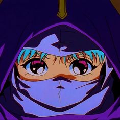 an anime character with big eyes wearing a purple hoodie and looking at the camera