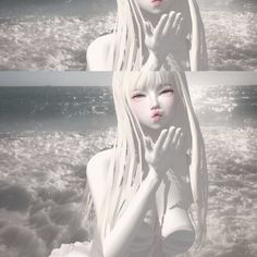 two images of a woman with long white hair on the beach, one is holding her hands in front of her face