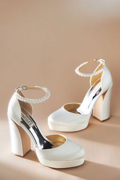 Equal parts playful and daring, this chunky platform heel is finished with a charming pearl-embellished ankle strap. | Felixa Ankle Strap Platform Heels by Badgley Mischka in White, Women's, Size: 10, Satin at Anthropologie Dr Shoes, Cute Shoes Heels, Wedding Shoes Heels, Outfit Check, Prom Dress Inspiration, Fancy Shoes, Cute Heels, Girly Shoes, Platform Heels Chunky