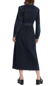 Move from work to play in this denim maxi designed in a dark wash and tethered with a defining tie belt. 51" length Spread collar Long sleeves with one-button cuffs Removable tie belt Chest pockets; side pockets 100% cotton Machine wash, tumble dry Imported Belted Medium Wash Denim Dress For Work, Belted Dark Wash Denim Dress For Fall, Indigo Denim Dress For Work, Dark Wash Denim Dress For Work, Indigo Denim Dress For Workwear In Fall, Maxi Design, Belt Tying, Slate Blue, Tumble Dryer