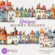 watercolor houses with the words unique quirky houses in purple and orange on them