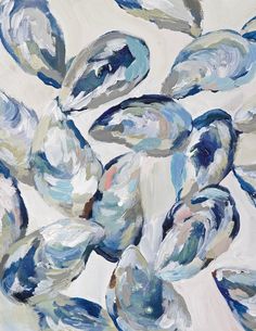 an abstract painting of blue and white leaves