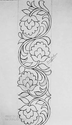 a line drawing with flowers and leaves on it's side, in black and white