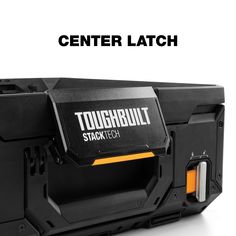 a black and yellow toolbox with the words toughbull stack tech on it