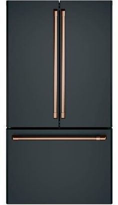 a black refrigerator freezer with copper handles and an ice maker on the bottom shelf