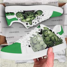 Avengers Hulk Skate Shoes Custom All of our Skate Shoes like smith styles are custom-made-to-order and handcrafted to the highest quality standards. Each designed pair is a one-of-a-kind, combining handcrafting tradition, quality, and modern style. Features a semi-glossy leather to make the shoes more breathable and easier to clean. Includes a removable memory foam insole pad for comfort and support. Please allow 7-10 business days to receive a tracking number while your order is hand-crafted, p Marvel Shoes, Clean White Leather, Custom Skates, Avengers Hulk, Hulk Avengers, Tennis Legends, Cartoon Shoes, Smith Shoes, Green Heels