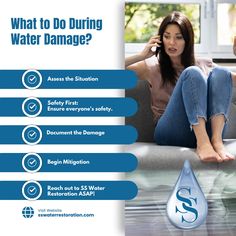 a woman sitting on a couch talking on her cell phone with water damage written below