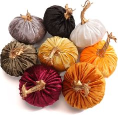 six decorative pumpkins in various colors and sizes