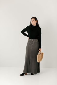 With the look of real denim but the feel of a quality knit, comfort is the key element in our exclusively designed Caroline skirt. The quick, pull on style makes this skirt an effortless option for wherever your day might take you - running errands, making dinner, playing with the kids, or a quick trip to the coffee shop to grab your favorite latte. Soft, comfortable knit denim fabric 65% Cotton 30% Polyester 5% Spandex Wash on gentle cycle in cold water, Hang to dry Fabric covered elastic waist Making Dinner, Dark Blue Grey, Knit Denim, Long Knit, Knit Skirt, The Coffee, Modest Outfits, Denim Fabric, Fabric Covered