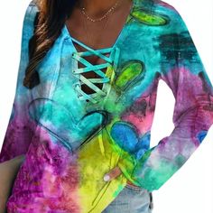 New With Tags! Super Cute Lace-Up Long Sleeve V-Neck Rainbow Heart Tie Dye Blouse Tshirt Top. Size Women’s M L Xl & Xxl. See Size Guide Pic! I Accept Reasonable Offers & Offer Bundle Discounts On 2+ Items! To Bundle: Hit Bag Icon Below Each Item And You Will Automatically Receive The 20% Discount! #01187 Casual Tie-dye V-neck Tops, Casual Tie Dye V-neck Tops, Heart Tie Dye, Tie Dye Blouse, Pink Floral Blouse, Bohemian Tops, Rainbow Tie, Tie Dye Long Sleeve, Bag Icon