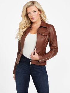 Trendy Fitted Leather Jacket With Button Closure, Brown Leather Jacket With Zipper For Fall, Chic Leather Jacket With Faux Front Pockets, Classic Faux Leather Outerwear For Fall, Classic Faux Leather Jacket For Fall, Fitted Classic Faux Leather Outerwear, Classic Leather Jacket With Zipper For Fall, Trendy Brown Collared Leather Jacket, Fitted Leather Jacket With Faux Pockets For Work