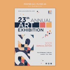 the poster for an art exhibition with geometric shapes and numbers on it, in orange background