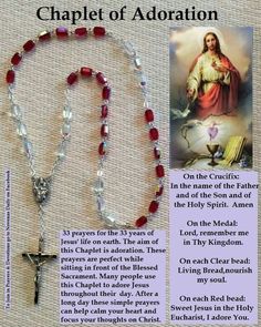 a rosary with an image of jesus on it and the words chaplet of adoration