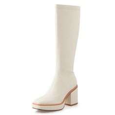 These Sally Women's Boots from USS Shoes feature a sleek and modern design with a square heel, high-quality split leather shaft material and upper material, and a knee-high boot height, which offers protection and elegance. Square toe, a plush insole, a rubber outsole, and a high 3-inch heel. Plus, they have a unique style with a solid pattern and a zip closure. Durable and stylish, these boots are perfect for autumn and spring. • Heel Type: Square Heel • Shaft Material: Split Leather • Season: Formal Knee-high Polyurethane Boots, Fall Leather Tall Platform Boots, Fall Leather Platform Boots, Modern Polyurethane Boots For Fall, Modern Knee-high Boots With Stacked Heel And Round Toe, Modern Knee-high Platform Boots With Stacked Heel, Modern Knee-high Heeled Boots For Spring, Modern Tall Leather Boots, Spring Leather Knee-high Boots