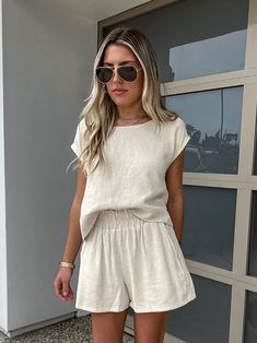 Women's 2024 Casual Cotton Linen 2Piece Set Crew Neck Cap Sleeve Top and Short Solid Pant Casual Solid Linen Set, Casual Solid Color Two-piece Tops, Casual Solid Two-piece Top, Casual Two-piece Set For Spring, Beige Summer Sets With Pockets, Summer Beige Sets With Pockets, Summer Crew Neck Set In Solid Color, Solid Color Crew Neck Sets For Summer, Solid Color Crew Neck Summer Set