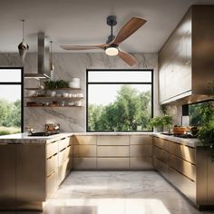 a ceiling fan is hanging in the middle of a kitchen with marble countertops and cabinets