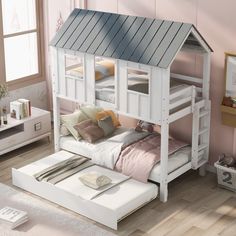 a child's bedroom with a bunk bed in the middle and a white dresser underneath it