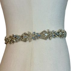 Beautiful Crystal Opal Wedding Dress Belt! Crystal Opal Bridal Belt Excellent Unused Condition! The Photos Do Not Do The Crystals Justice; They Shimmer Beautifully! This Belt Is Elegant And Can Elevate Any Dress. Has Sparkling Crystals, Opal Like Jewels, Silver Metal Fixtures Measures 28" Long About 1” Wide At Its Widest Part. Can Be Ironed, Glued, Or Sewn On. You Could Also Add Ribbon To The Ends To Tie It Together Or Sew On Clasps On The Ends. I Bought This For My Wedding Before I Bought My Dr Opal Wedding, Wedding Dress Belt, Crystal Belt, Beautiful Belts, Wedding Belts, Crystal Opal, Bridal Belt, Dress Belt, Opal Crystal