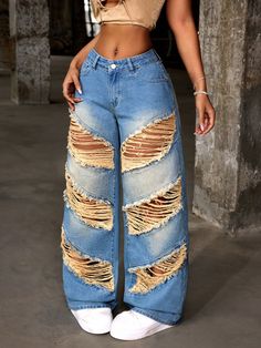 Blue  Collar  Denim Colorblock,Plain,Striped,All Over Print Wide Leg Embellished Non-Stretch  Women Clothing Cute Ripped Jeans, Street Style Outfits Casual, Chic Dress Classy, Shein Icon, Cute Dress Outfits, Effortlessly Chic Outfits, Wardrobe Outfits, Swaggy Outfits, Simple Trendy Outfits