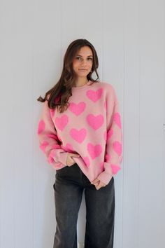 sweater top Longsleeves Baby pink with hot pink hearts Non-sheer Semi-stretching Fit: True to size SIZE CHART (Measured in inches) Size Fits Like Length Bust Small 2/4 24 44 Medium 6 24.5 46 Large 8/10 25 48 Pink Fuzzy Pull Over, Light Hot Pink, Preppy Clothing, Hot Pink Sweater, Pink Pullover Sweater, Heart Breaker, Pink Pullover, Heart Sweater, Pink Hearts