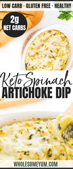 broccoli and spinach artichoke dip with text overlay