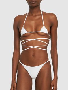 Back self-tie closures. Front metal logo. Model is wearing a size38 Triangle Swimsuit, Metal Logo, Metallic Logo, Swimsuit Tops, Metallica, Elastic, Luxury Fashion, How To Wear, White