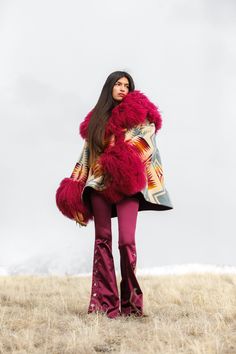 Most Orders Ship within 1-2 Business Days Bell shaped hooded cloak with a hood and sleeve lining of Mongolian Lambs fur with welt patch pockets and 2 toggle closure. Celeste is 5'10" and wears size OS. Napped Pendleton blankets: 82% Wool, 18% Cotton. Wool Cashmere facings and Silk Rayon peachskin lining. Beetroot Pink Mongolian Fur is a shaggy long hair Mongolian sheep shearling. One of the most popular designs ever made by Pendelton, crafted of USA-made wool from their Oregon mill. In 1923, Pre Faux Fur Winter Cape Coat, Winter Cape-shaped Faux Fur Coat, Winter Faux Fur Cape Coat, Faux Fur Trim Cape For Cold Weather In Fall, Fall Cape With Faux Fur Trim For Cold Weather, Fall Cape Outerwear With Faux Fur Lining, Fall Cape With Faux Fur Lining, Fall Cape Fur Coat With Faux Fur Trim, Cape Outerwear With Faux Fur Trim For Cold Weather