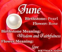 a red rose with the words june written on it and an image of a white pearl