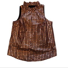 J Crew Metallic Copper And Black Gingham Top Sleeveless With Ruffle Mock Turtleneck Measurements In Photos Excellent Condition- Never Worn Brown Sleeveless Top For Night Out, Sleeveless Brown Tops For Night Out, Sleeveless Tops For Night Out In Fall, Trendy Orange Sleeveless Top, Trendy Sleeveless Orange Tops, Orange Sleeveless Casual Blouse, Brown Sleeveless Top For Party, Brown Sleeveless Party Top, Casual Orange Sleeveless Blouse