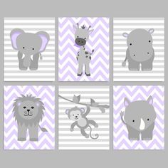 four different pictures of animals on purple and white chevrons