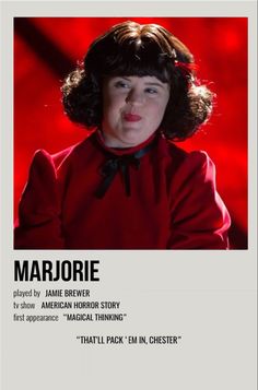 the poster for marjoie shows an image of a woman with curly hair wearing a red shirt and black bow tie