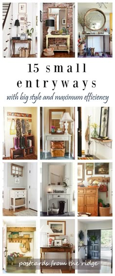 an advertisement for the 15 small entryways with lots of furniture and decor in it