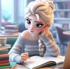 a cartoon character sitting at a table with books and a laptop in front of her