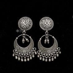 925 sterling silver handmade gorgeous stud earrings drop dangle vintage antique design earrings belly dance tribal jewelry from Rajasthan India. Metal-925 sterling silver. Type-drop dangler earrings. Length-8 centimetre approx. Width-3.5 centimetres approx. Weight-37.030 grams. Marking-925 closure-push back. Makes excellent gifting and collectible pieces.