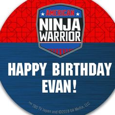 an american ninja warrior happy birthday evan sticker on a red, white and blue background