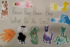 a bulletin board with different types of animals and words written on it that say brown bear, brown bear, what do you see?