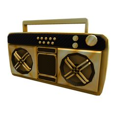 an old fashioned radio with two speakers on it's front and side panels, in gold