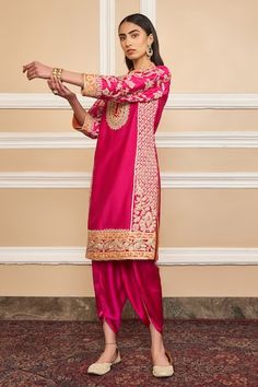 Hot pink short kurta with Kashmiri tilla, gota applique embroidery in floral pattern. Paired with dhoti pant. - Aza Fashions Bollywood Style Palazzo Set With Dabka Work For Puja, Traditional Palazzo Set With Dabka Work For Puja, Traditional Drape With Dabka Work For Puja, Navratri Dabka Sharara For Puja, Semi-stitched Tilla Traditional Wear For Eid, Traditional Drape Palazzo Set For Puja And Eid, Traditional Drape Palazzo Set For Diwali Puja, Traditional Drape Palazzo Set For Eid Puja, Eid Semi-stitched Tilla Traditional Wear