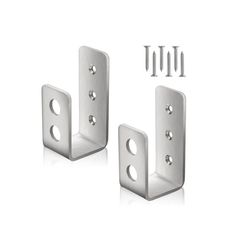 two white metal brackets with screws and nails