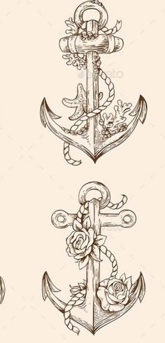 an anchor with roses on the side and two other anchors in the middle, all drawn by